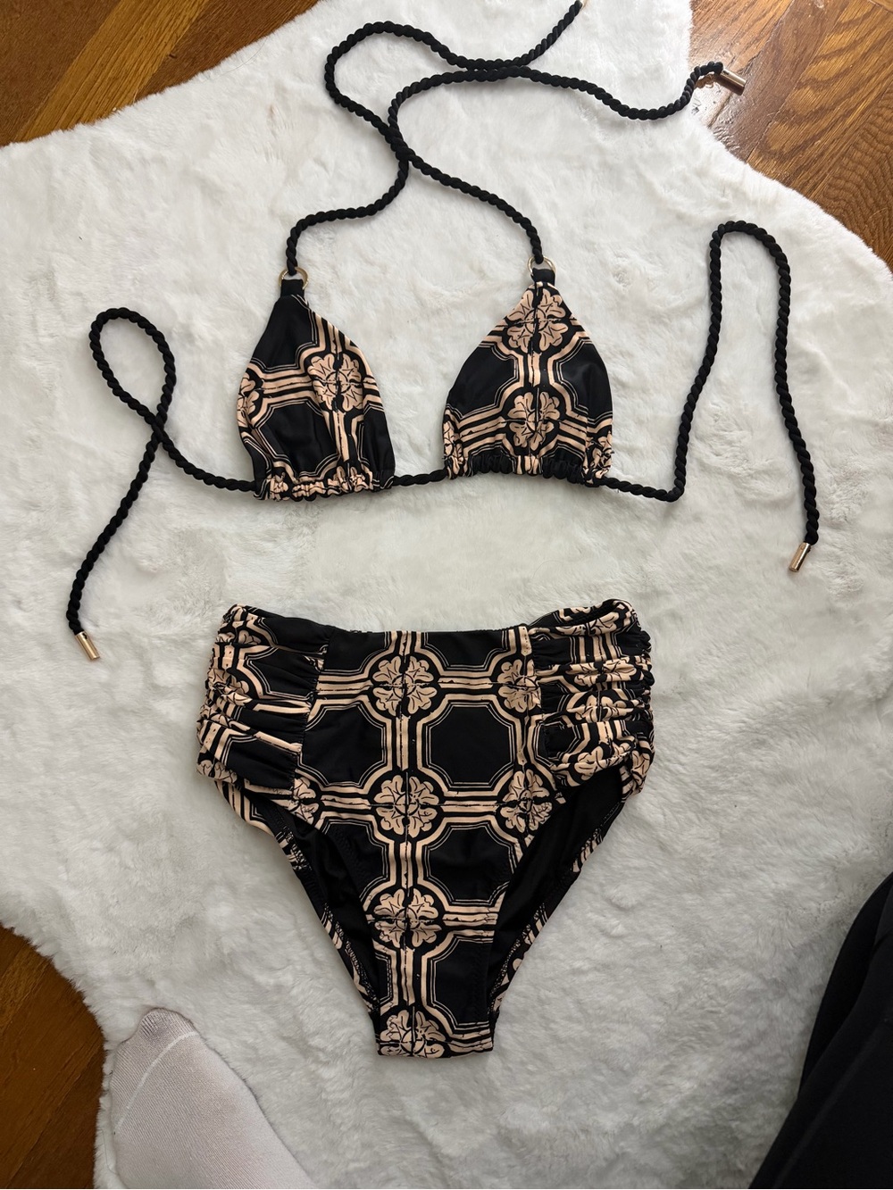 Derek Lam Black & Beige Geometric High-Waist Bikini Set